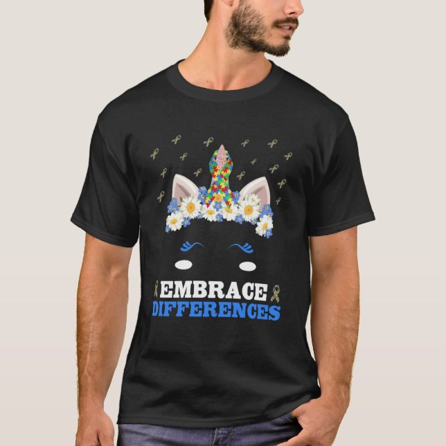 Embrace Differences Unicorn Face Puzzle Autism Awa T-Shirt (Front)
