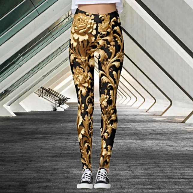 Embrace Elegance: Black and Gold Floral Leggings (Creator Uploaded)