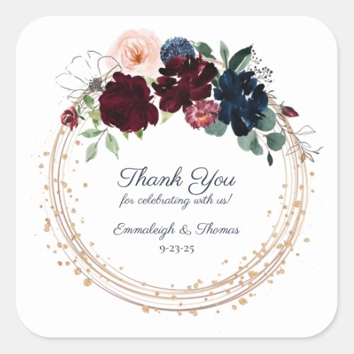 Embrace Floral Thank You Favor  Burgundy Navy Square Sticker