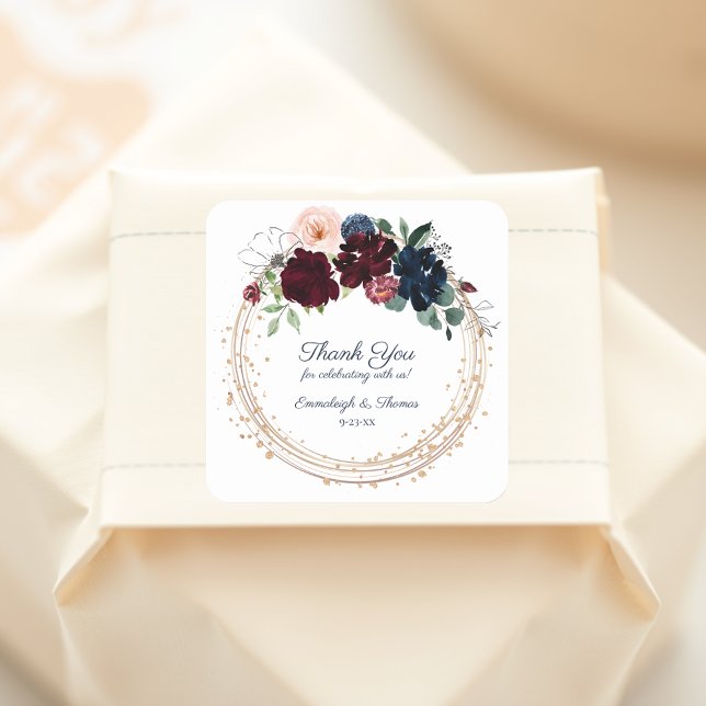 Embrace Floral Thank You Favor | Burgundy Navy Square Sticker (Creator Uploaded)