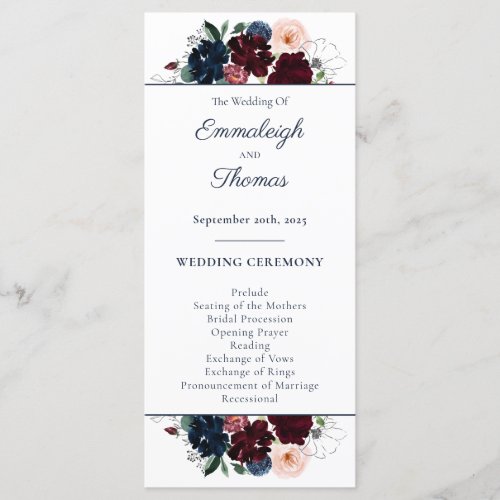 Embrace Floral Wedding  Burgundy Navy Blue Program