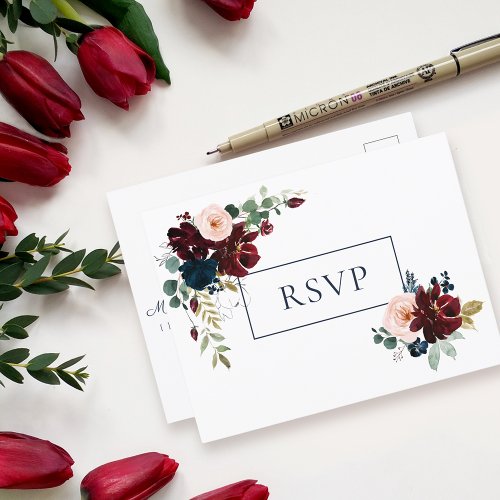 Embrace Floral Wedding RSVP  Burgundy Navy Blue Invitation Postcard