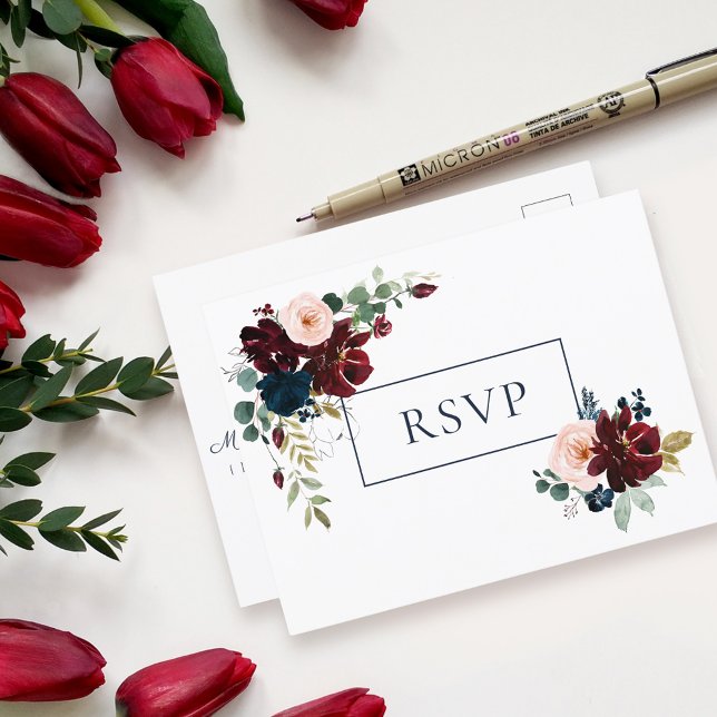 Embrace Floral Wedding RSVP | Burgundy Navy Blue Invitation Postcard (Creator Uploaded)