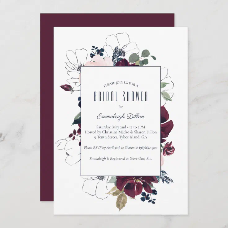 Embrace Florals Bridal Shower | Burgundy Navy Blue Invitation | Zazzle