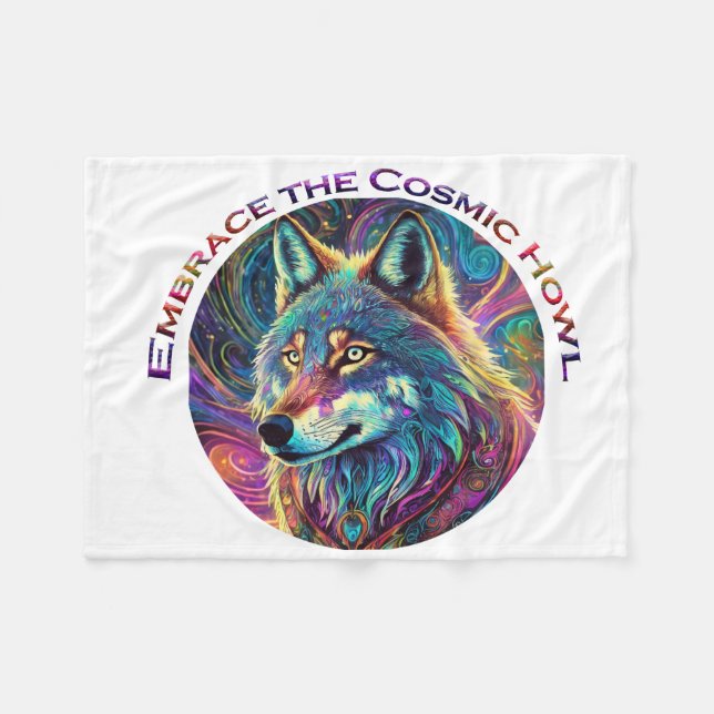 Embrace the Cosmic Howl Wolf Fleece Blanket (Front (Horizontal))