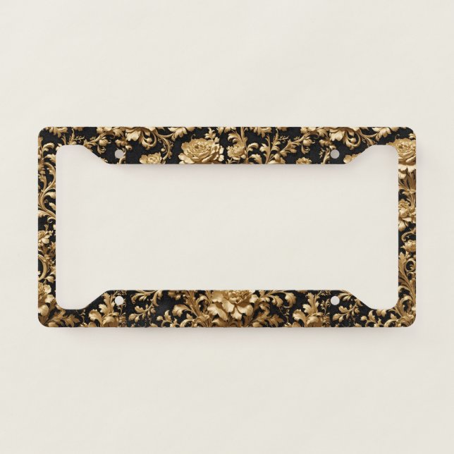 Embrace Timeless Elegance: Black and Gold Flemish  License Plate Frame (Front)