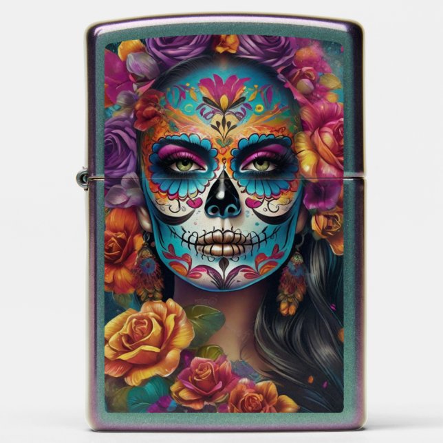 Embrace Tradition: Woman in Sugar Skull Makeup Zippo Lighter (Front)
