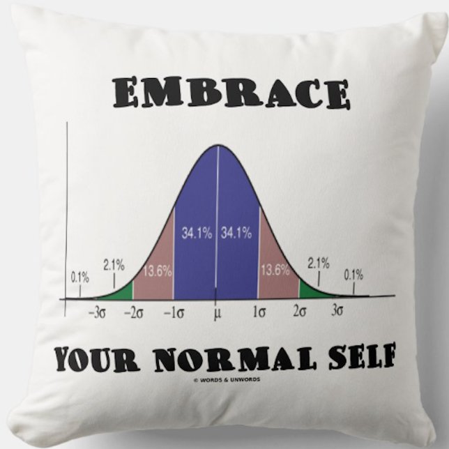 Embrace Your Normal Self Bell Curve Humor Throw Pillow (Throw pillow featuring bell curve attitude with stats humor advice to "Embrace Your Normal Self")