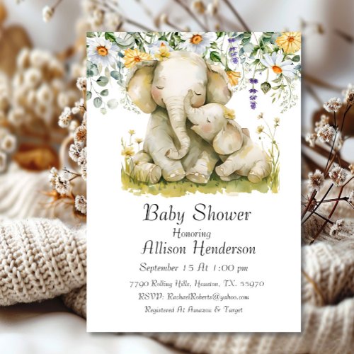 Embracing Mom And Baby Elephant Baby Shower   Invitation