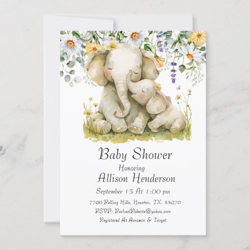 Embracing Mom And Baby Elephant Baby Shower   Invitation