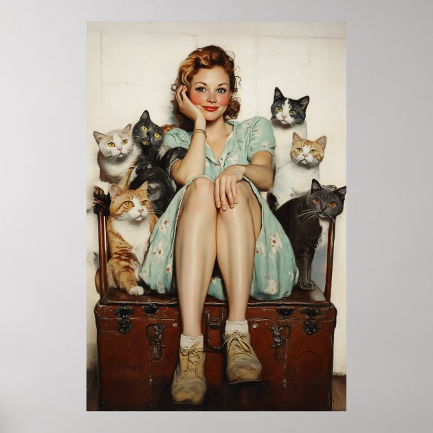 中居ベル　キャンバスプリント　「Cat Lady」 Embracing the Retro Crazy Cat Lady Vibes Poster | Zazzle