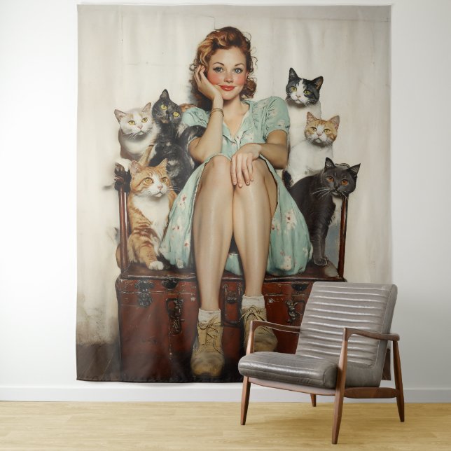 Embracing the Retro Crazy Cat Lady Vibes Tapestry (In Situ)