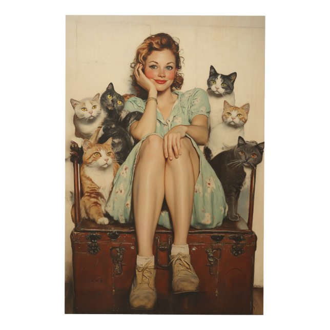 Embracing the Retro Crazy Cat Lady Vibes Wood Wall Art (Front)