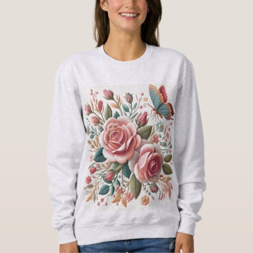 Embroidary digital print of pastel color rose sweatshirt