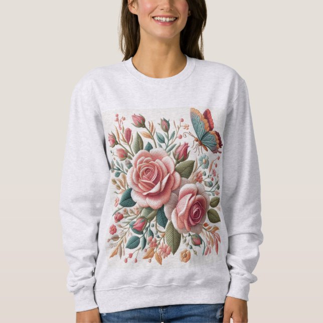 Embroidary digital print of pastel color rose sweatshirt (Front)
