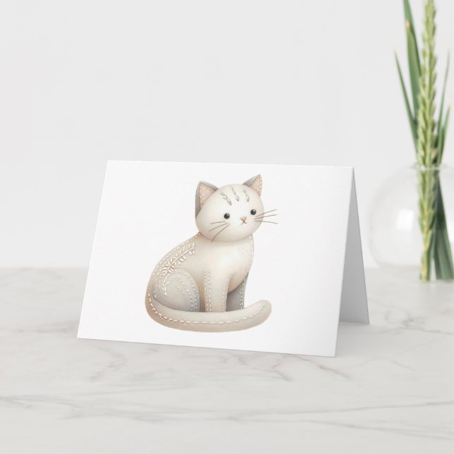 Embroidered Beige Kitty Cat Boho Blank Card (Front)