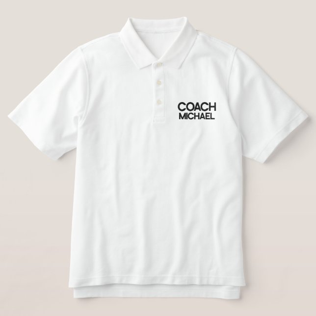 Embroidered Black Text Coach Polo Shirt (Design Front)