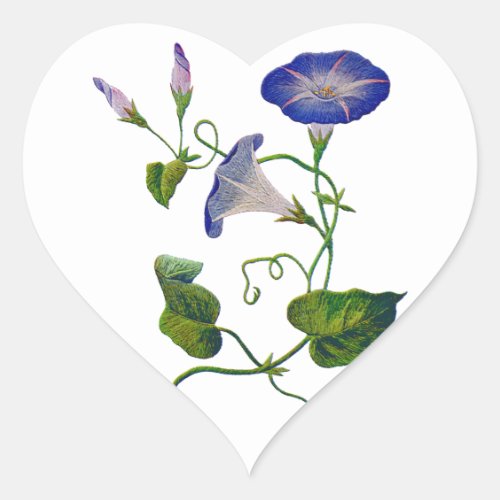 Embroidered Blue Morning Glories Heart Sticker