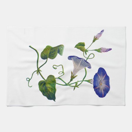 Embroidered Blue Morning Glories Kitchen Towel