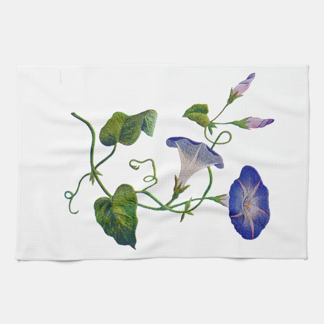 Embroidered Blue Morning Glories Kitchen Towel (Horizontal)