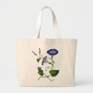 Embroidered Blue Morning Glories Large Tote Bag