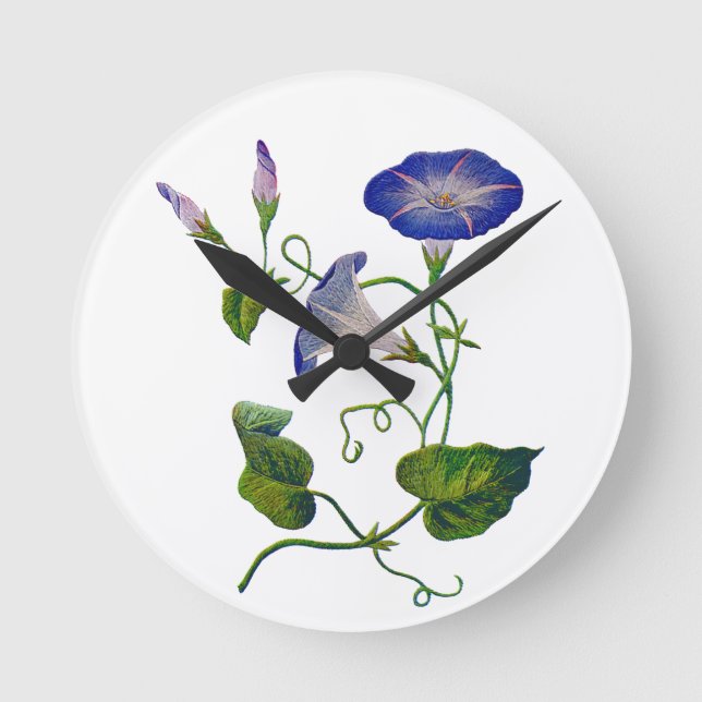 Embroidered Blue Morning Glories Round Clock (Front)