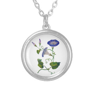 Embroidered Blue Morning Glories Silver Plated Necklace