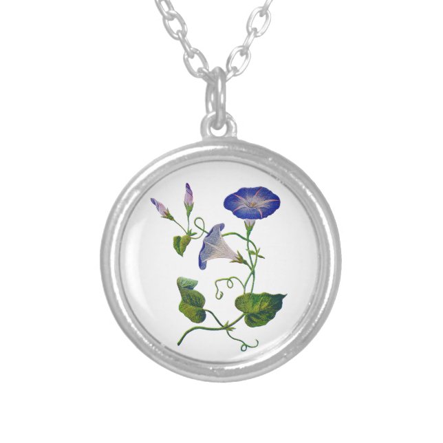 Embroidered Blue Morning Glories Silver Plated Necklace (Front)