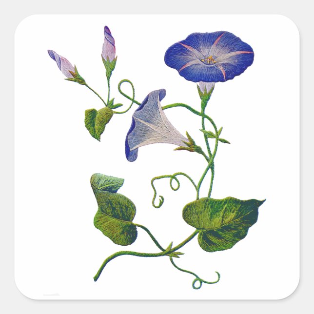 Embroidered Blue Morning Glories Square Sticker (Front)