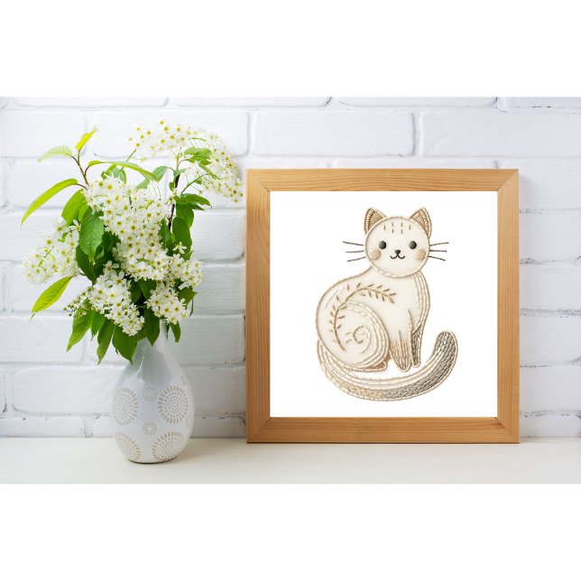Embroidered Boho Cat Poster Neutral Minimalist (Creator Uploaded)