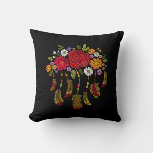 Embroidered Boho Feather Red Yellow Floral Black Throw Pillow