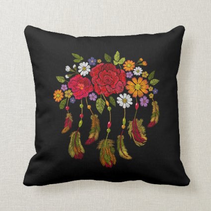 Embroidered Boho Feather Red Yellow Floral Black Throw Pillow