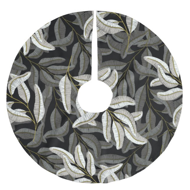 Embroidered branches: black-white print. brushed polyester tree skirt (Front)