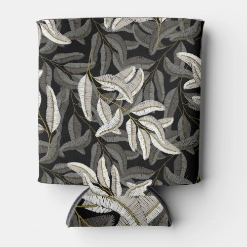 Embroidered branches black_white print can cooler