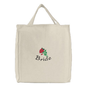 Embroidered Bride's Tote Bag With Red Rose