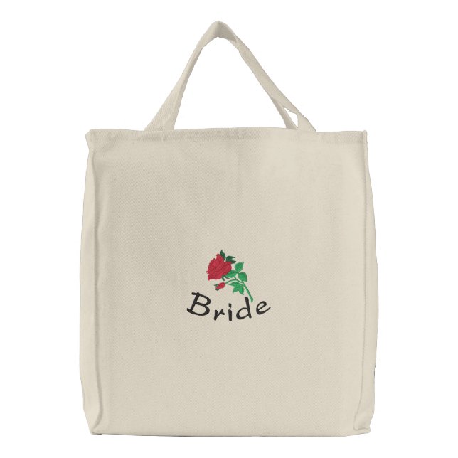 Embroidered Bride's Tote Bag With Red Rose (Front)
