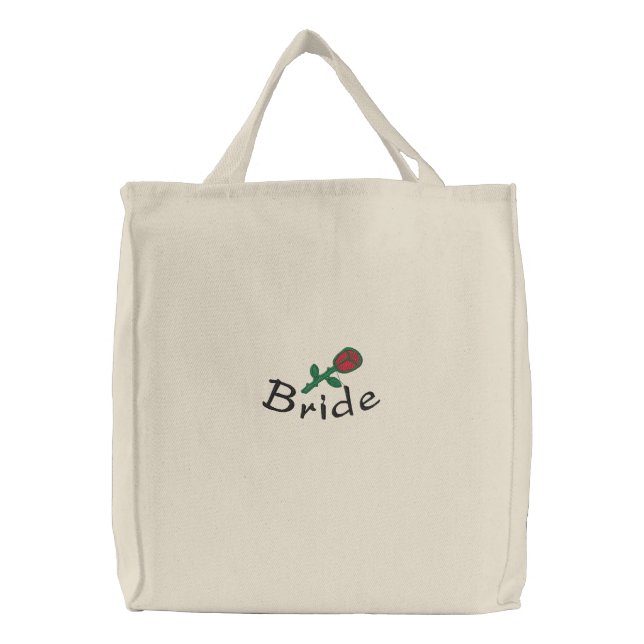 Embroidered Bride's Tote Bag With Rose Bud (Front)