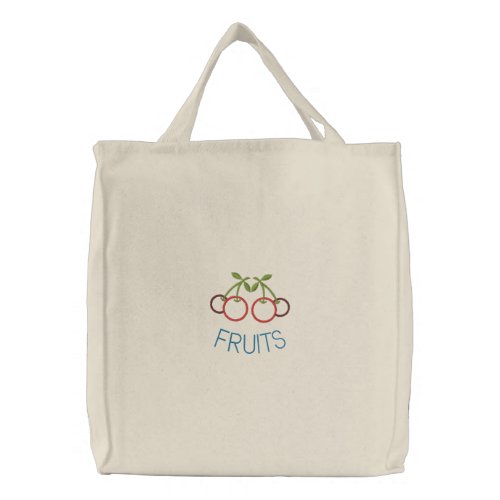 Embroidered Cherries Reusable Canvas Grocery Sack Embroidered Tote Bag