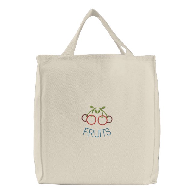 Embroidered Cherries Reusable Canvas Grocery Sack Tote Bag (Front)