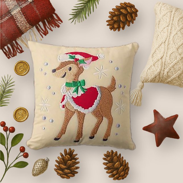 Embroidered Christmas Reindeer with Santa Hat Throw Pillow (Creator Uploaded)