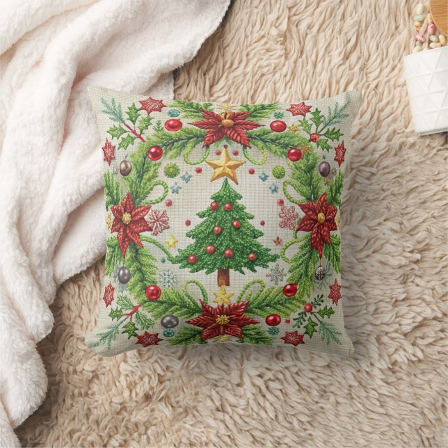 Embroidered Christmas Throw Pillow Festive Holiday (Blanket)