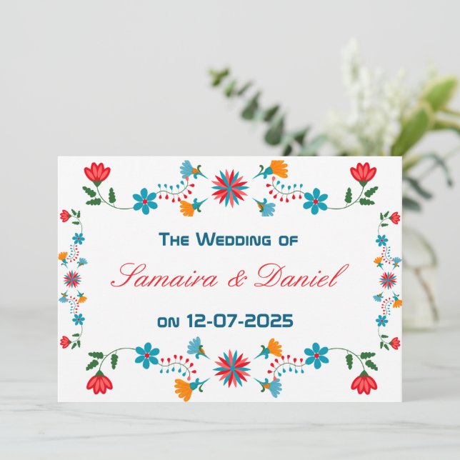 Embroidered Colorful Floral Design Wedding Invitation (Standing Front)