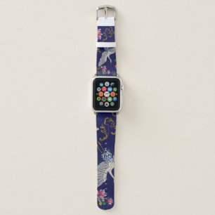 Embroidered cranes and flowers, vintage seamless p apple watch band