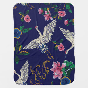 Embroidered cranes and flowers, vintage seamless p baby blanket