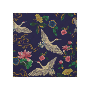 Embroidered cranes and flowers, vintage seamless p wood wall art