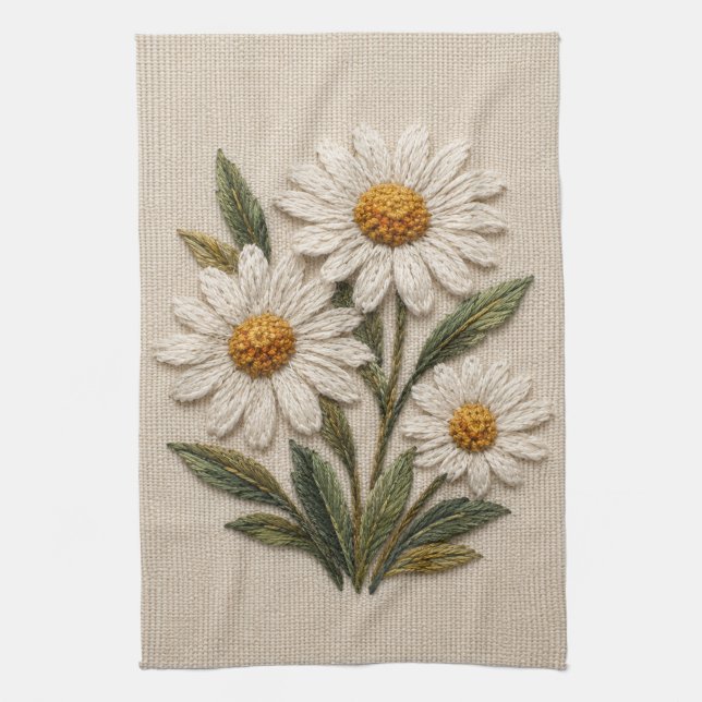 Embroidered Daisy Bloom Kitchen Towel (Vertical)