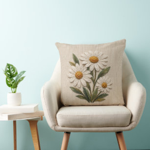 Embroidered Daisy Bloom Throw Pillow