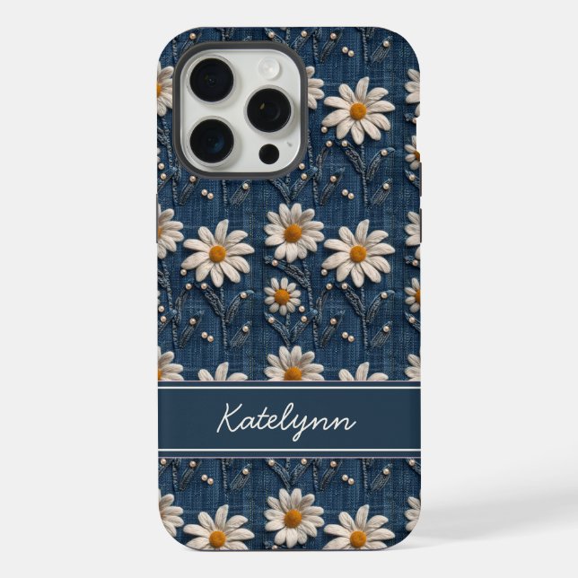 Embroidered Daisy Denim Phone Case with Name (Back)