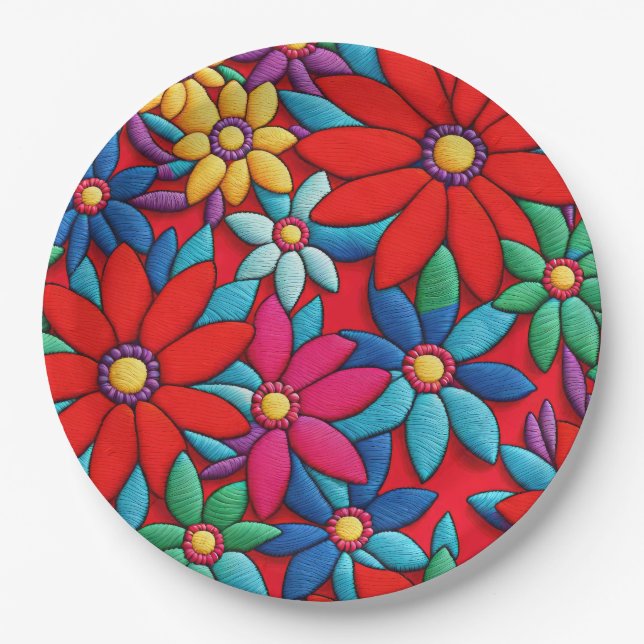Embroidered Daisy Design Paper Plates (Front)