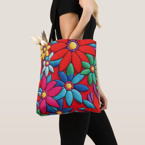 Embroidered Daisy Design Tote Bag